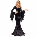 Halloween Bat Witch Dress Womens Gothic Vampire Ghost Bride Long Gown Look Bell Sleeve Masquerade Party Performance