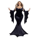 Halloween Bat Witch Dress Womens Gothic Vampire Ghost Bride Long Gown Look Bell Sleeve Masquerade Party Performance